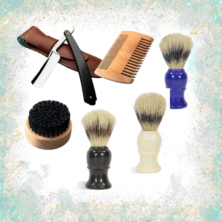 Straight razor with leather sheath and a wooden beard, comb and brush with three shaving brushes.