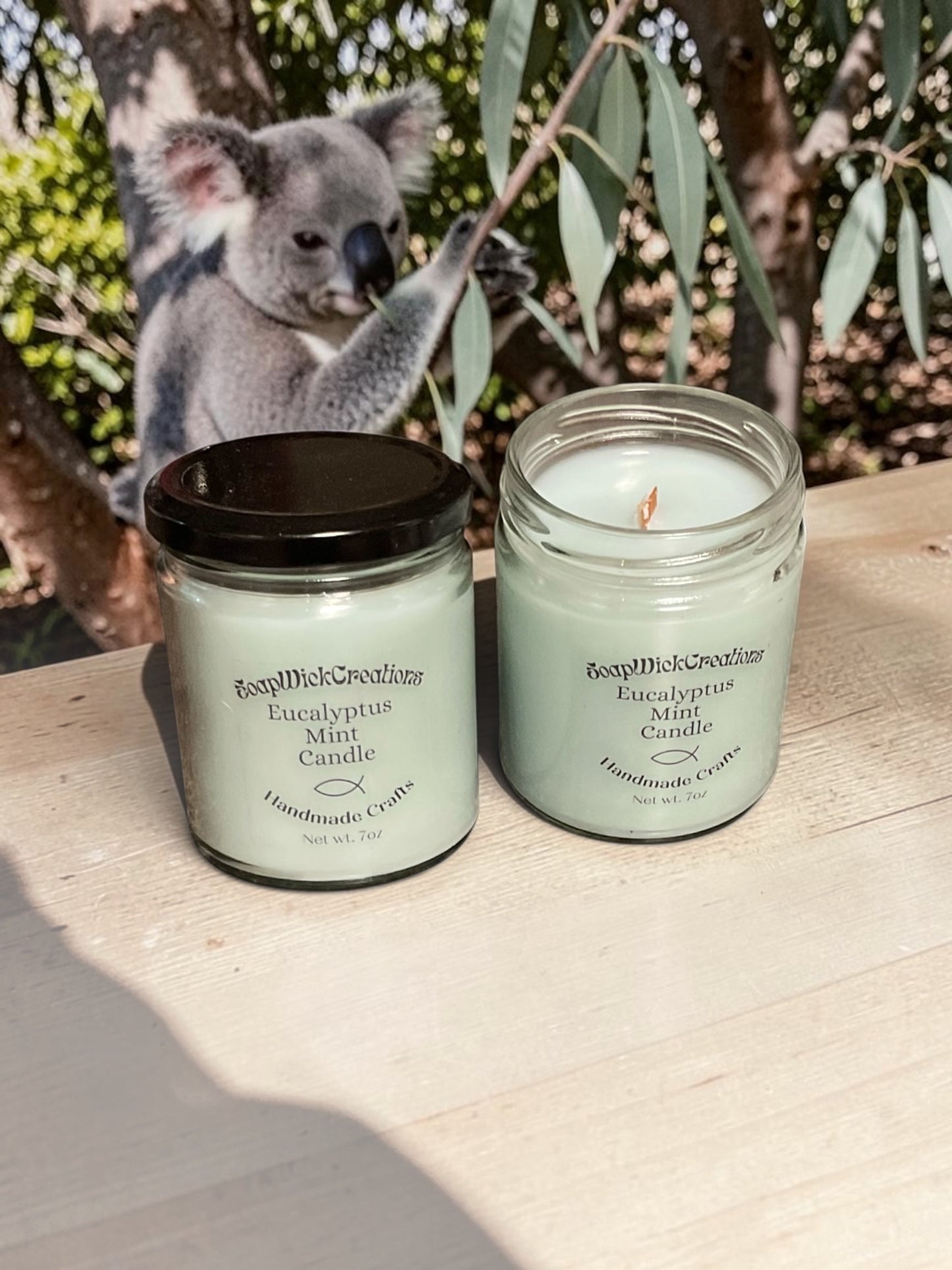 Two mint colored, eucalyptus mint scented candles on a table with a koala bear eating eucalyptus leaves in the background.