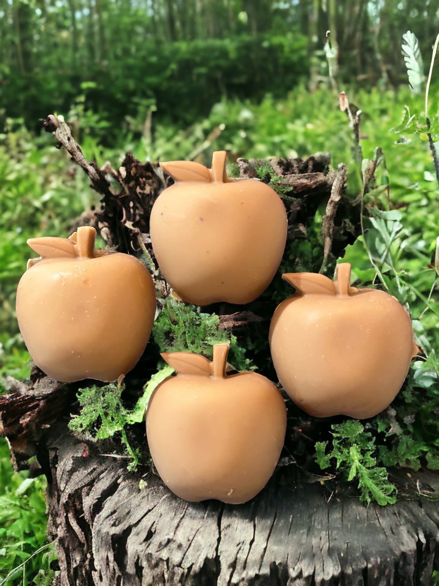 Small forest creatures soap bars, lightly scented with drunken apple fragrance. Four apples pictured in a forest setting.