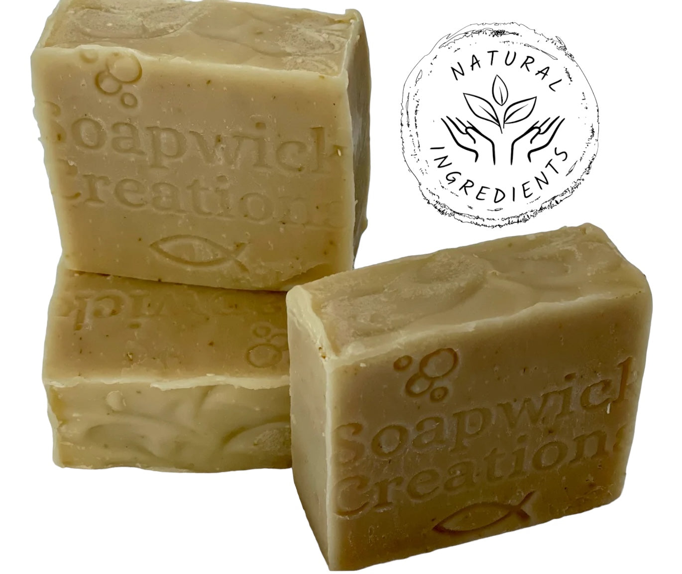 Picture of three bars of Simply Hoppy soap on a white background with a natural ingredients logo in the top right corner.