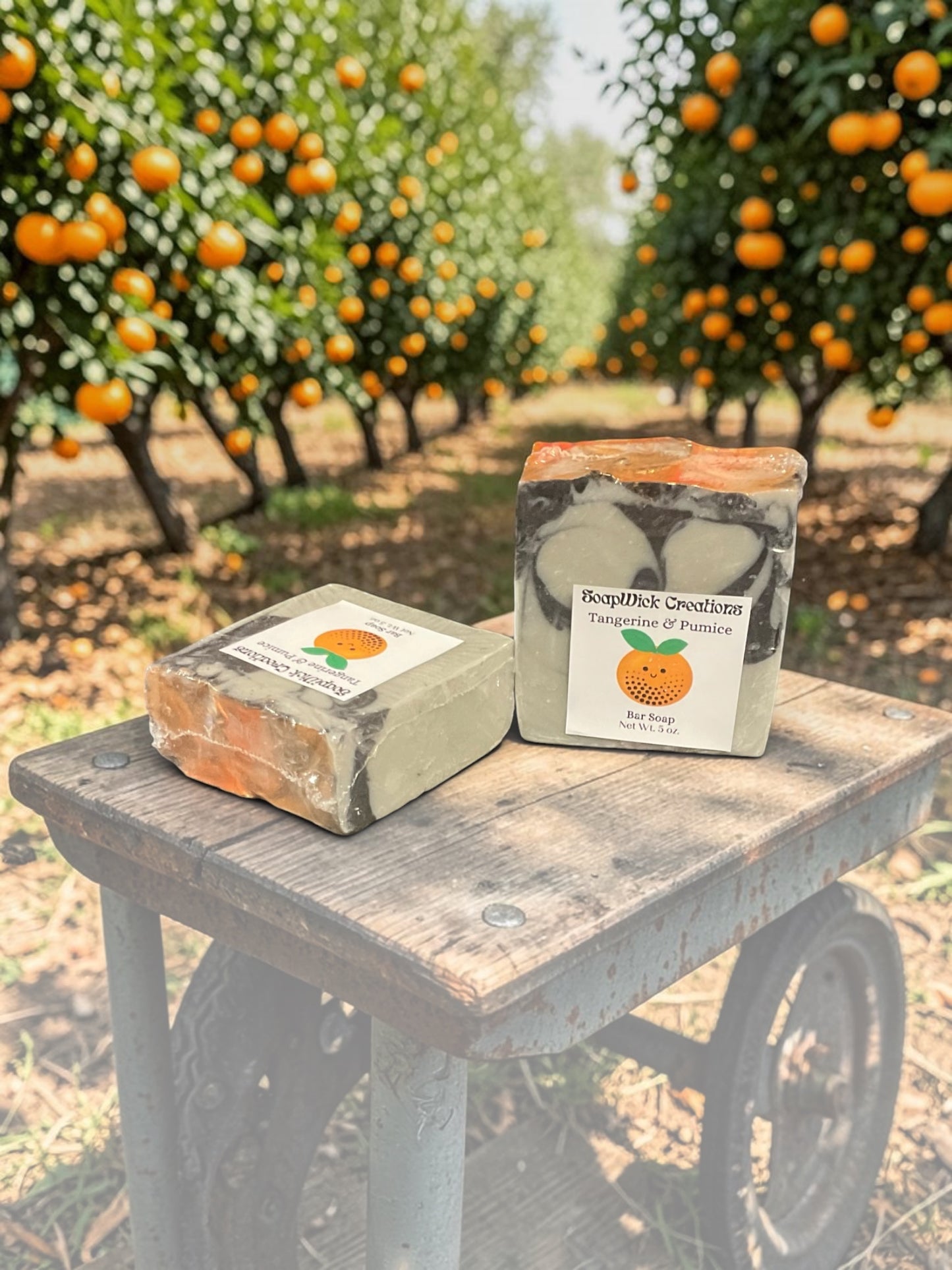 Two bars of brown, black and orange, tangerine, and hummus soap sitting on a wheeled cart in a tangerine grove with tangerine trees in the background.