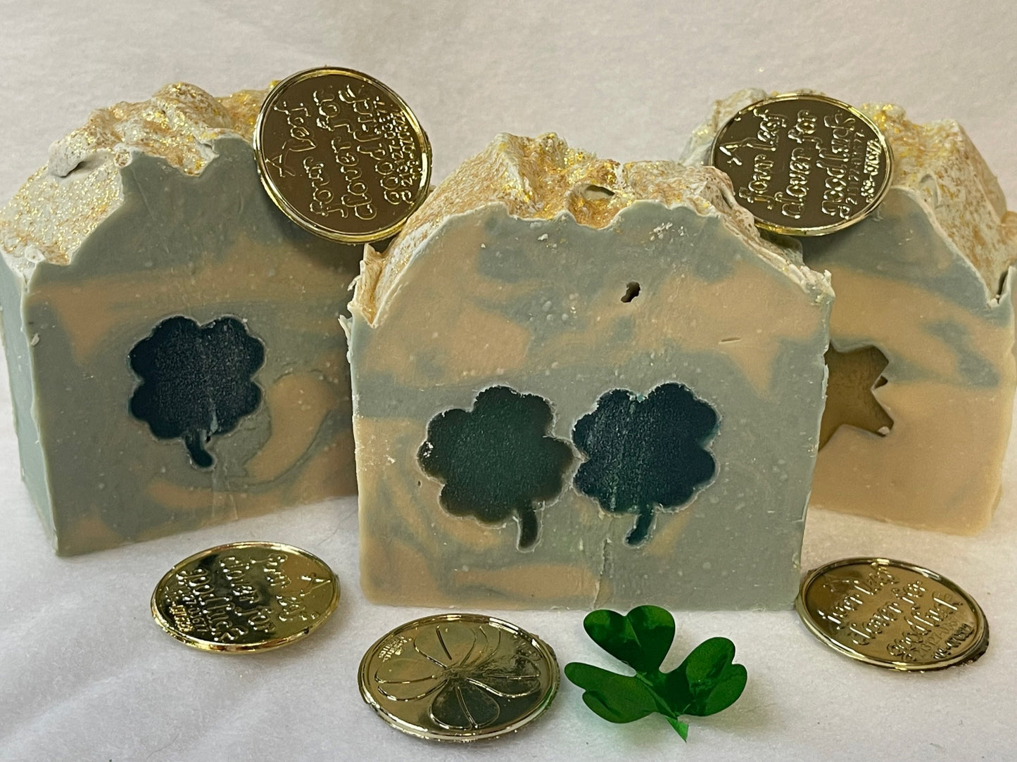 Picture of luck of the Irish soap with green clover, and or gold star embed