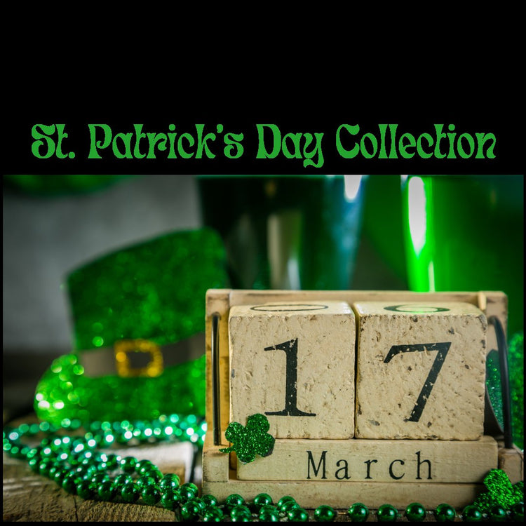 Photograph of a block calendar with March 17 on it and and Irish beads and an Irish green hat in the background and the words, St. Patrick’s Day collection above
