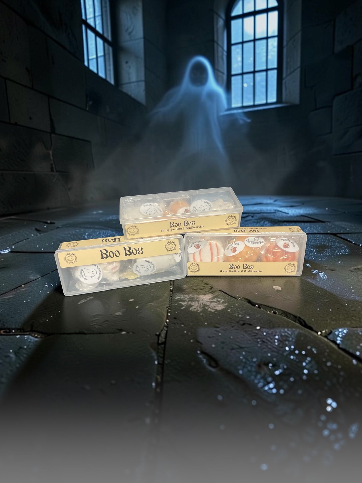 Three plastic boxes named “Boo-Boxes“ they contain two Pumpkin Spice scented shampoo bars and one Pumpkin Spice scented Conditioner bar, sitting on a granite surface with a ghostly figure standing in the background in front of two windows.