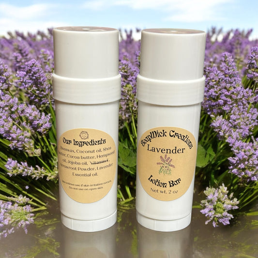 Two lavender lotion bars and white tubes with a lavender field in the background.