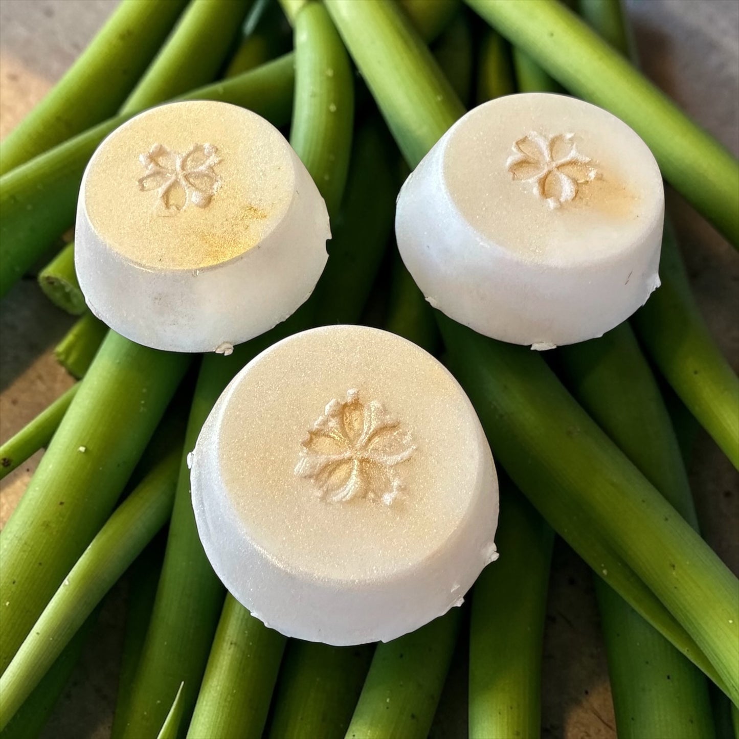 Three Lemongrass scented shampoo bars sitting on a bed of lemongrass.