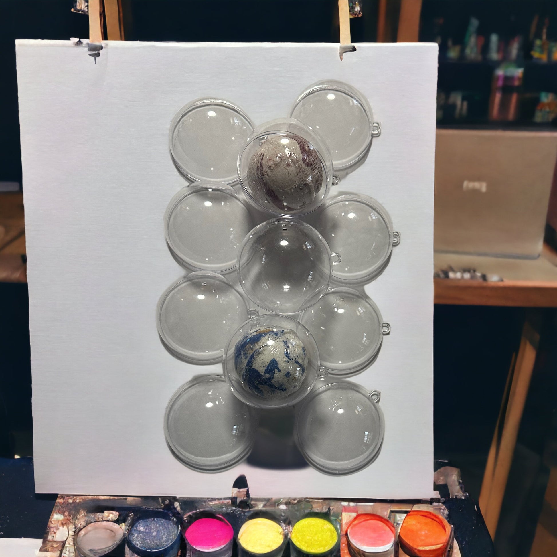 Photograph of several halves of plastic ornaments on a canvas sitting on an artist, easel with paints and artists supplies in the background. Two of the Senter ornament halves contain miscellaneous bath bombs inside.