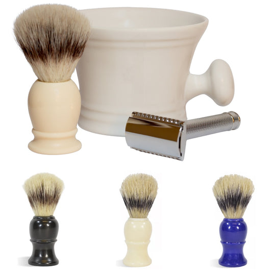 Photo of A shaving mug and razor with shave brushes available in Navy Blue, Black and Ivory