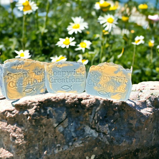 Three blue and beige bars of soap, sitting on a rock ledge with a field of chamomile flowers in the background.