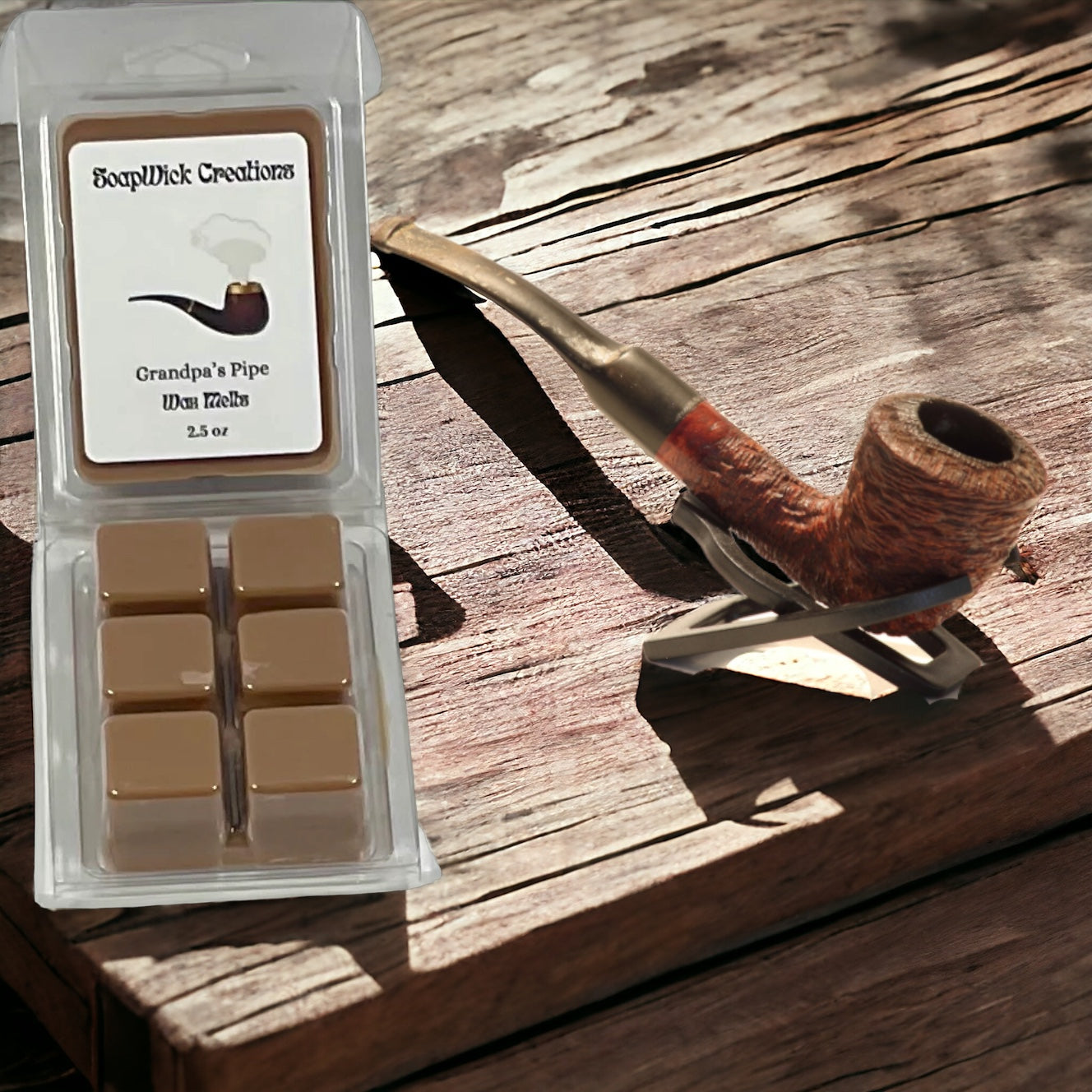 Brown colored Cherry-tobacco scented wax melt “Grandpa‘s Pipe“ sitting on a rustic wooden table.