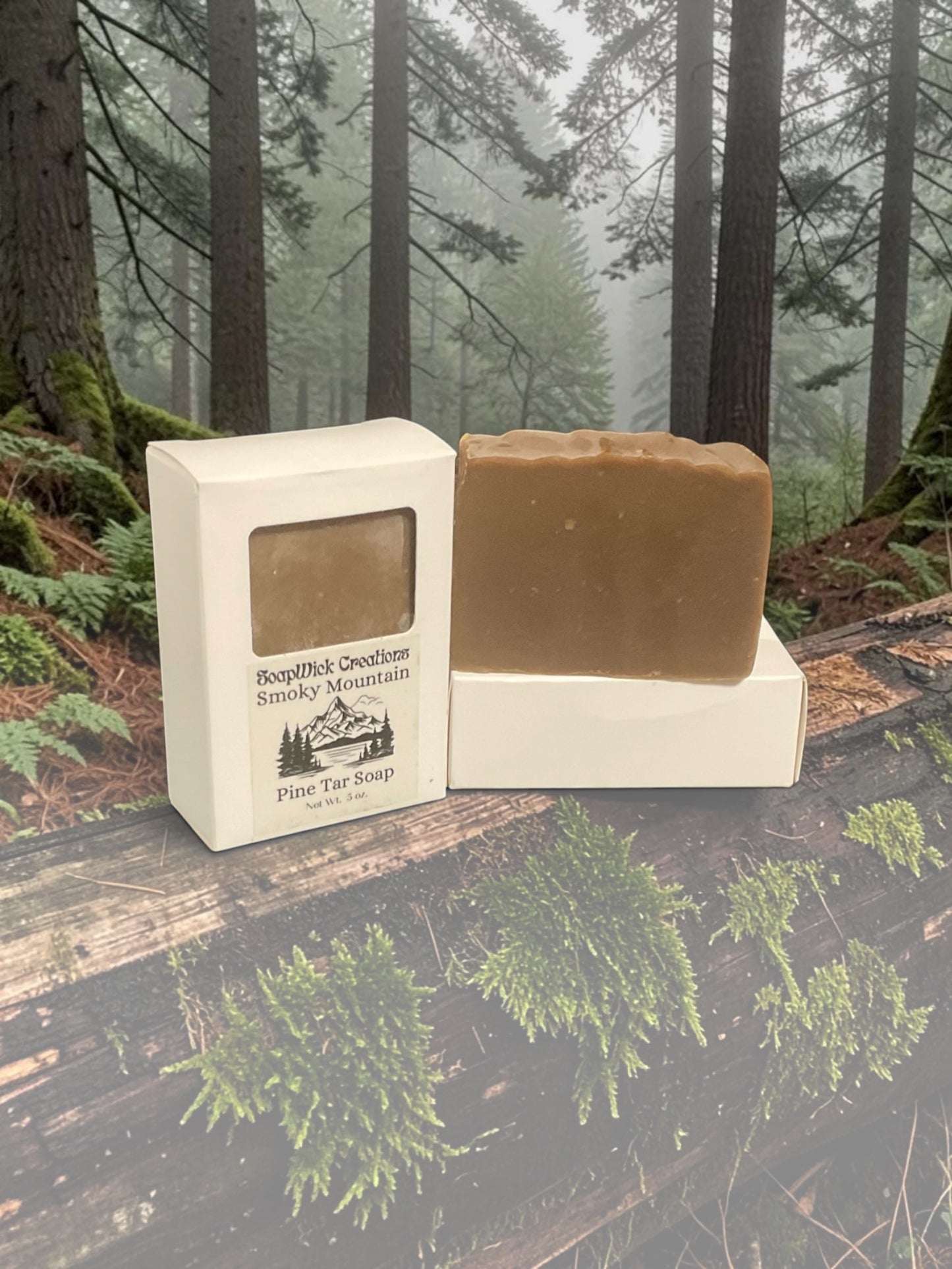 Two bars of brown colored smoky Mountain pine, tar soap, sitting on a log in the smoky forest of the great Smoky Mountains.