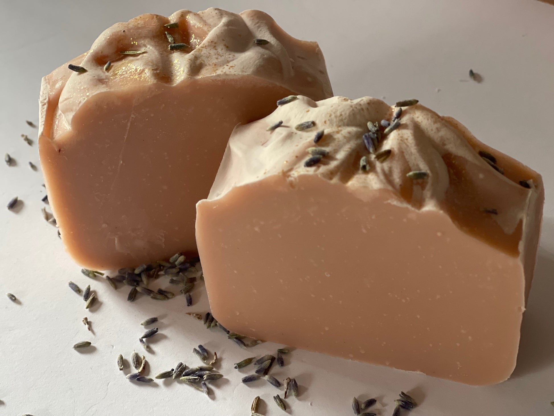 Photo of handmade lavender soap with lavender buds