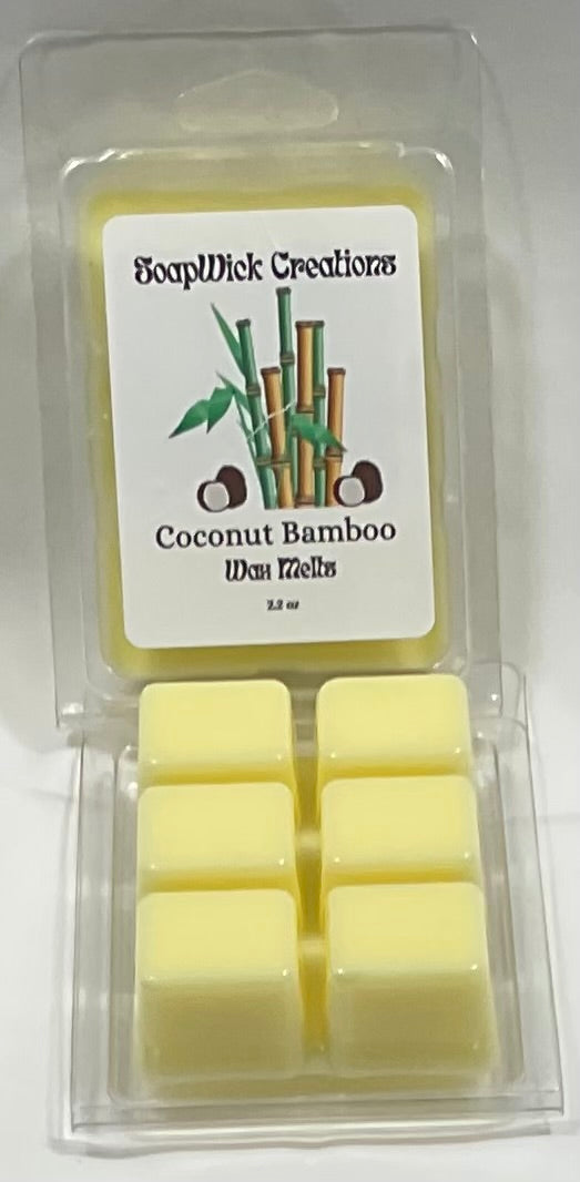 Photograph of yellow wax melts scented with coconut bamboo fragrance.