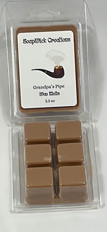 Photograph of brown colored wax melts with pipe tobacco scent.