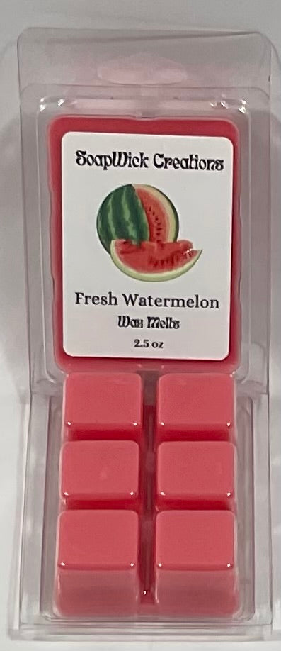 Photograph of pink colored wax melts with fresh watermelon scent.