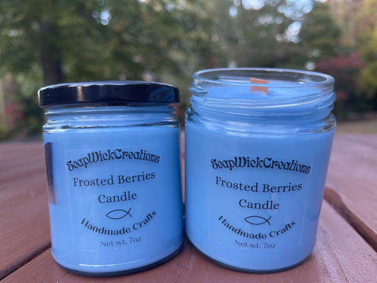 Photograph of a light blue candle with frosted berry scent